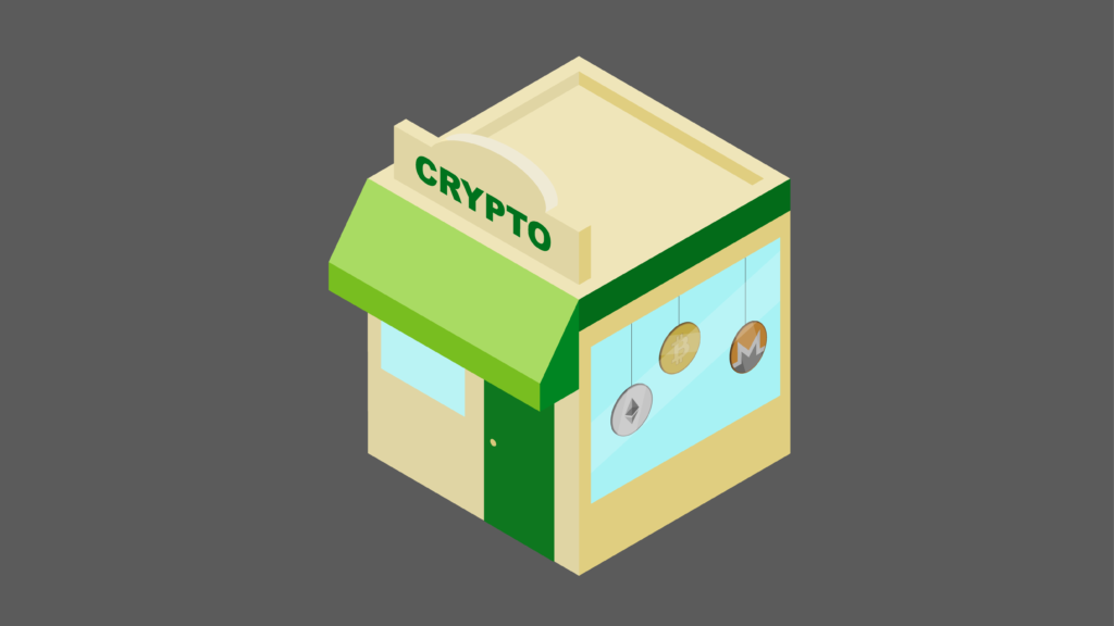 Isometric storefront with Crypto sign representing place to buy cryptocurrency