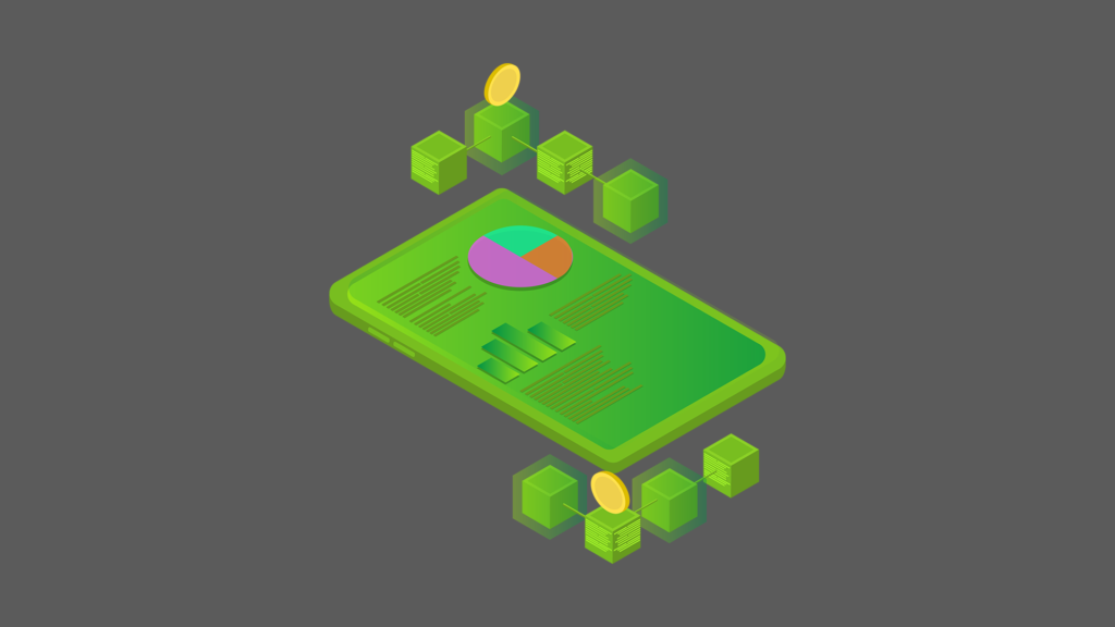 Choose a blockchain project: green isometric datascreen surrounded by blockchain blocks