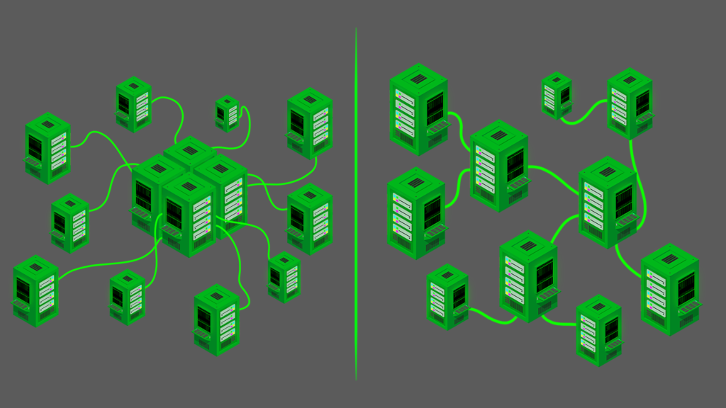 Centralized network (group of nodes linked to central node) juxtaposed with decentralized network (group of interlinked nodes)