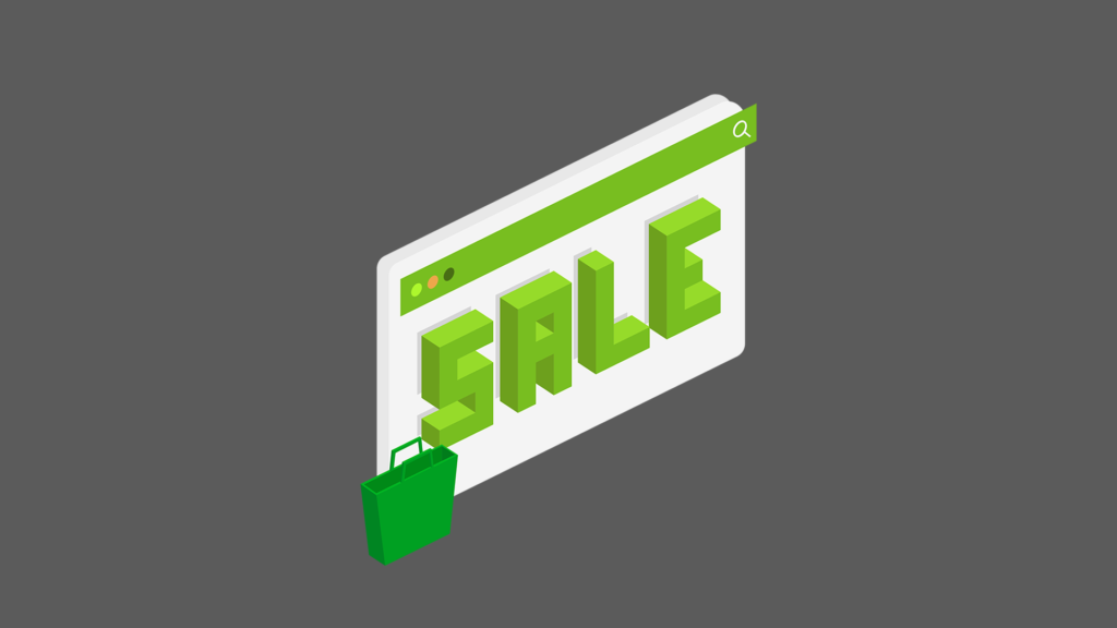 Isometric Loki green cryptocurrency "Sale" sign on white block background with Mac-style application title bar above it and shopping bag beside it.